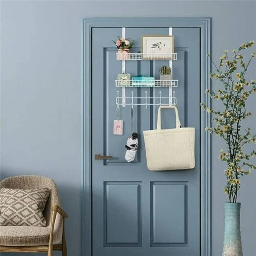 Over The Door Hanging Organizer Rack with Baskets Hooks Metal Storage White